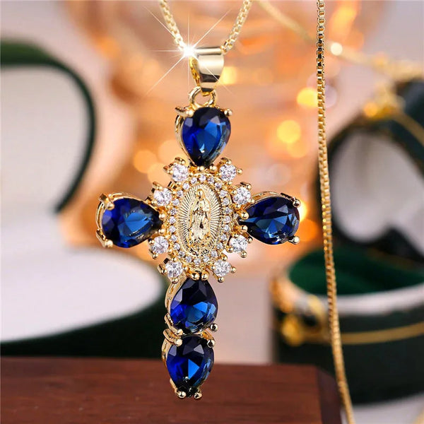 Zircon Stone Cross Necklace | Elegant Stainless Steel Religious Pendant