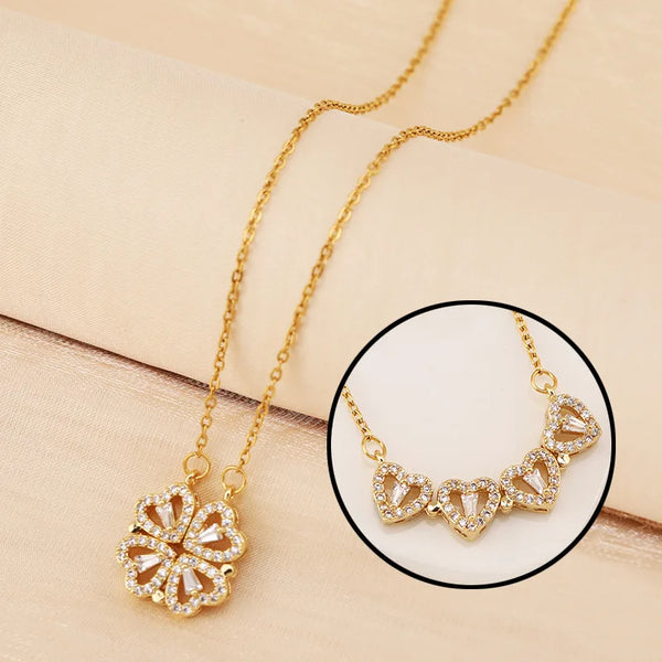Folding Heart-Shaped Four-Leaf Clover Pendant Necklace | Magnetic Lucky Locket