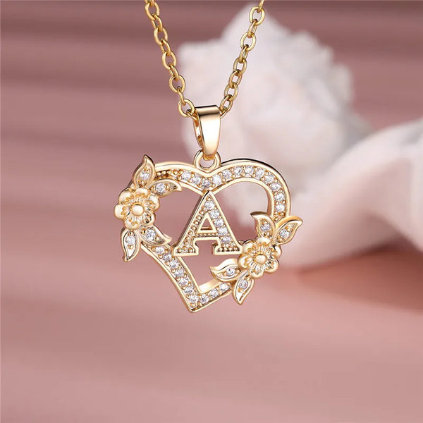 A-Z Flower Heart Initial Pendant Necklace | Personalized Letter Charm Jewelry