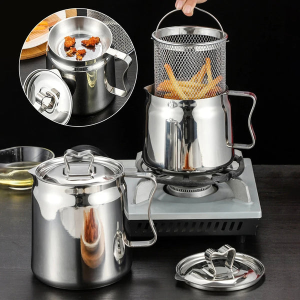 Stainless Steel Deep Frying Pot with Mesh Basket & Oil Storage – 2L Capacity