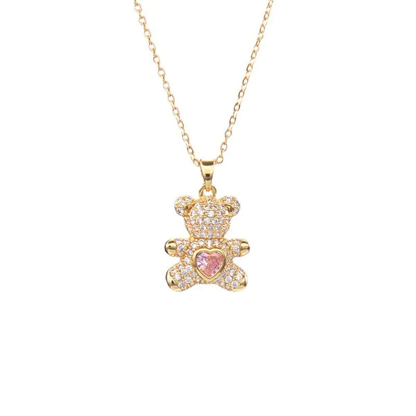 Stainless Steel Bear Pendant Necklace with Zircon Accent | Elegant Animal Jewelry
