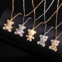 Stainless Steel Bear Pendant Necklace with Zircon Accent | Elegant Animal Jewelry