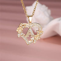 A-Z Flower Heart Initial Pendant Necklace | Personalized Letter Charm Jewelry