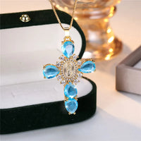 Zircon Stone Cross Necklace | Elegant Stainless Steel Religious Pendant
